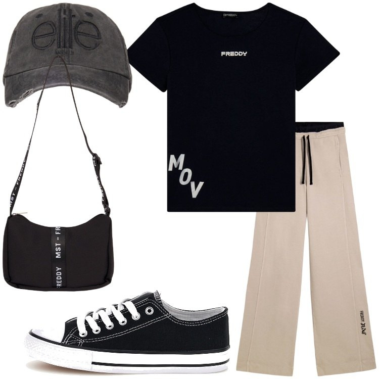 Outfit donna - Sporty summer mood. Stile Casual per Tutti i giorni. Abbinamento con pantaloni sportivi, borse a tracolla, cappelli, t-shirt, sneakers.