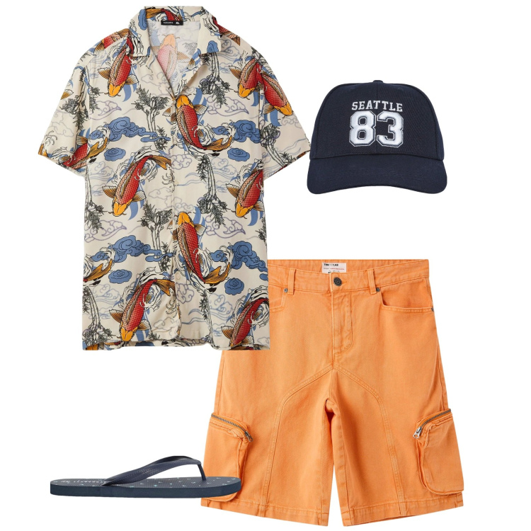 Outfit uomo - Total look #2432761. Stile Casual per Mare. Abbinamento con cappelli, pantaloni corti, camicie a manica corta, sandali.