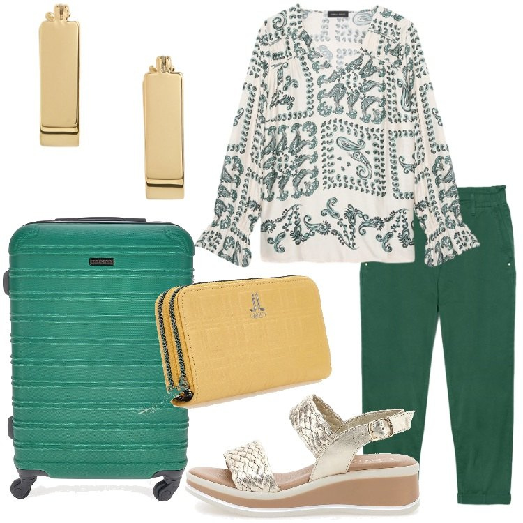 Outfit donna - Fiorella Rubino - Colorful Summer. Stile Etnico per Tutti i giorni. Abbinamento con bluse, pantaloni, orecchini, valigie, sandali, portafogli.