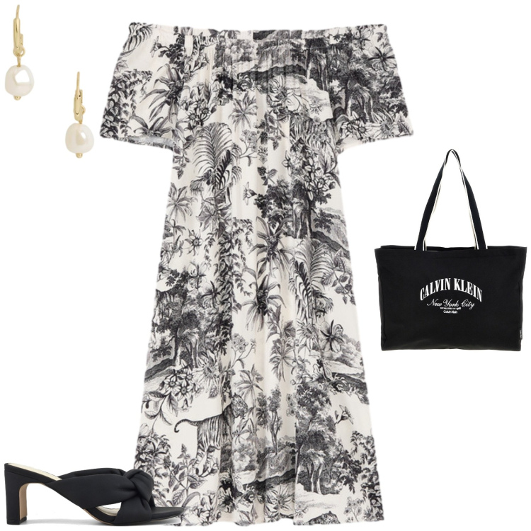 Outfit donna - Casual chic al mare. Stile Casual chic per Tutti i giorni. Abbinamento con vestiti corti, orecchini, sandali col tacco, borse a spalla.