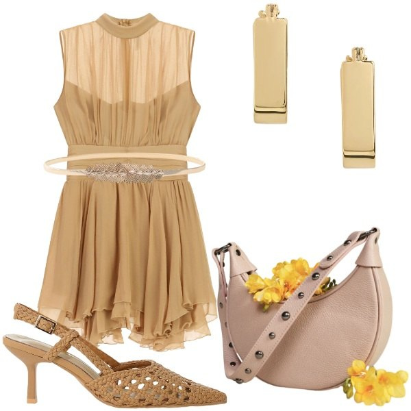Outfit donna - Imperial collezione estiva. Stile Glamour per Tutti i giorni. Abbinamento con borse a spalla, cinture, décolleté, vestiti corti, orecchini.