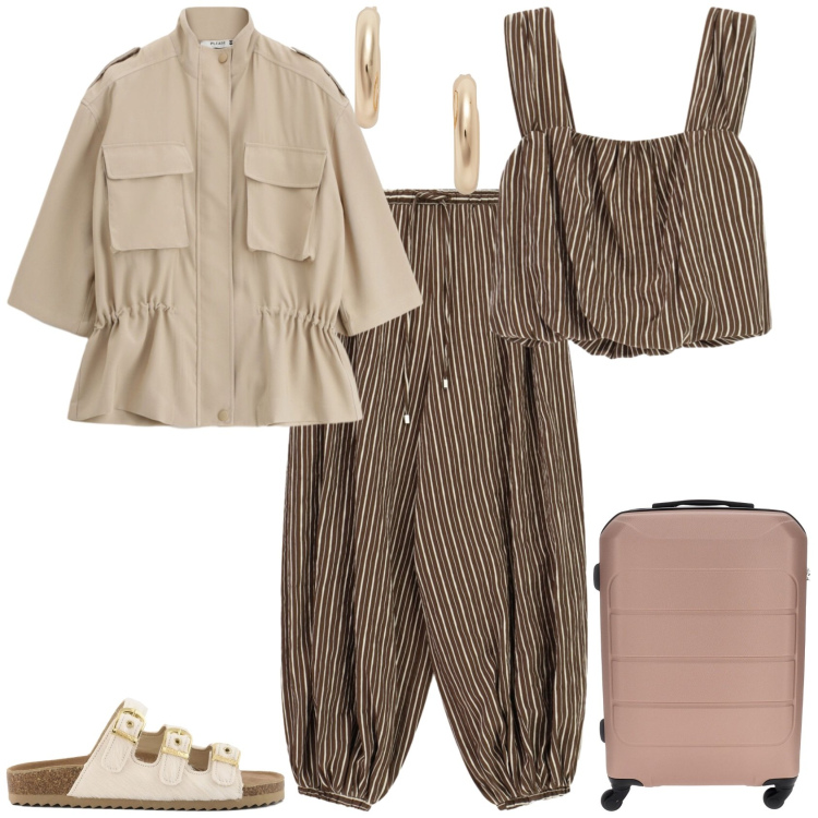 Outfit donna - Casual chic in viaggio. Stile Casual chic per Tutti i giorni. Abbinamento con parka, top, pantaloni a palazzo, orecchini, valigie, sandali in pelle.