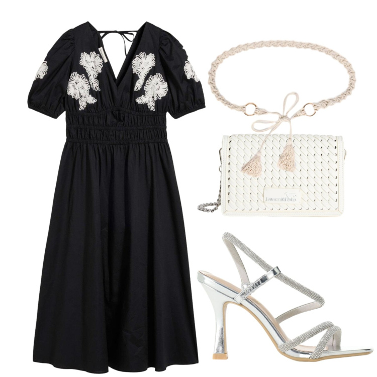 Outfit donna - Serata. Stile Chic per Serata fuori. Abbinamento con vestiti midi/longuette, borse a tracolla, cinture, sandali col tacco.