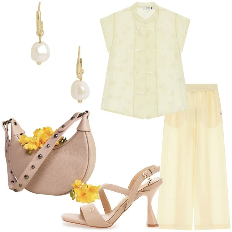 Outfit donna - Please - Summer Freedom. Stile Romantica per Serata fuori. Abbinamento con pantaloni, camicie a manica corta, borse a spalla, orecchini, sandali col tacco.