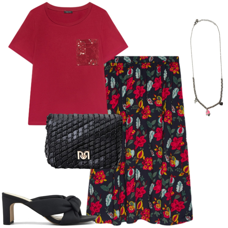 Outfit donna - Fiorella Rubino. Stile Urban per Tutti i giorni. Abbinamento con borse a tracolla, gonne longuette, t-shirt, ciondoli, sandali col tacco.