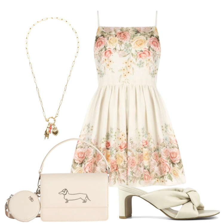 Outfit donna - Total look #2432788. Stile Romantica per Serata fuori. Abbinamento con borse a tracolla, vestiti corti, ciondoli, sandali col tacco.