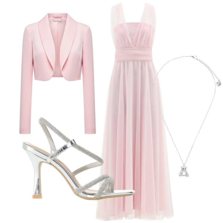 Outfit donna - Total look #2432789. Stile Romantica per Cerimonia. Abbinamento con ciondoli, blazer, vestiti lunghi, sandali col tacco.