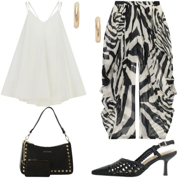 Outfit donna - bianco e nero. Stile Trendy per Tutti i giorni. Abbinamento con pantaloni, décolleté, borse a spalla, vestiti corti, orecchini.