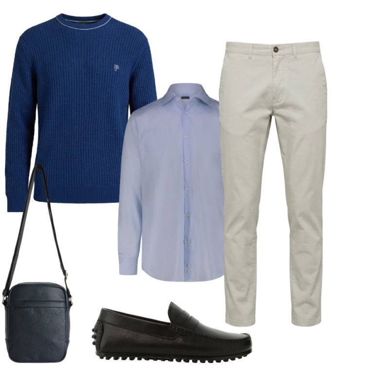 Outfit uomo - Total look #2432807. Stile Casual per Tutti i giorni. Abbinamento con pantaloni, borse sportive, maglieria, camicie, scarpe stringate.