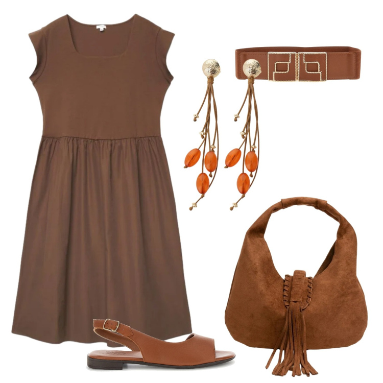 Outfit donna - Total look #2432810. Stile Casual chic per Ufficio. Abbinamento con vestiti corti, orecchini, borse a spalla, sandali in pelle, cinture.
