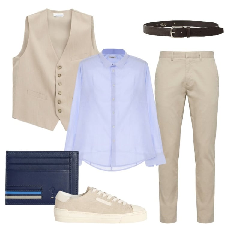 Outfit uomo - Total look #2432811. Stile Urban per Ufficio. Abbinamento con sneakers, portafogli, pantaloni, camicie, gilet, cinture.