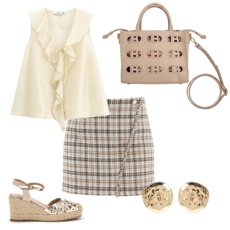 Outfit donna - Total look #2432812. Stile Chic per Ufficio. Abbinamento con top, orecchini, minigonne, zeppe, borse a mano.