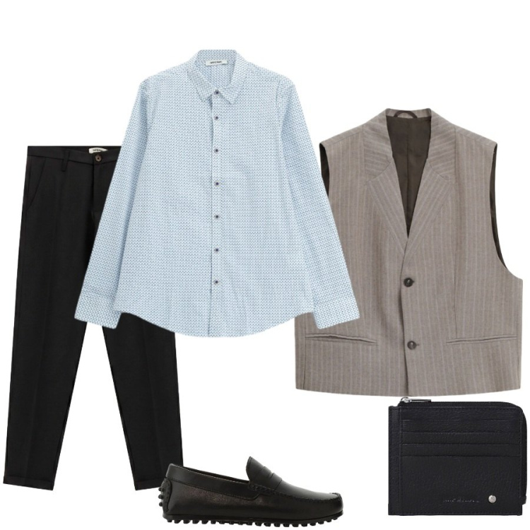 Outfit uomo - Total look #2432813. Stile Trendy per Ufficio. Abbinamento con pantaloni, gilet, scarpe stringate, portafogli, camicie.