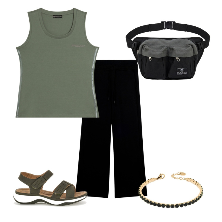 Outfit donna - Total look #2432814. Stile Sporty chic per Tutti i giorni. Abbinamento con pantaloni, braccialetti, canottiere, sandali, marsupi.