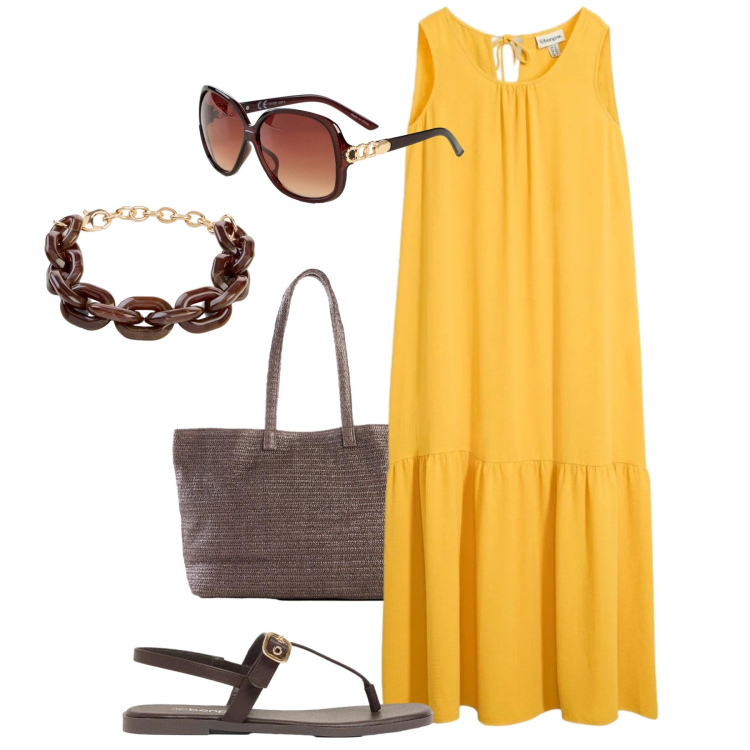 Outfit donna - Leggerezza zafferano. Stile Trendy per Tutti i giorni. Abbinamento con braccialetti, vestiti lunghi, sandali, shopping bag, occhiali da sole.