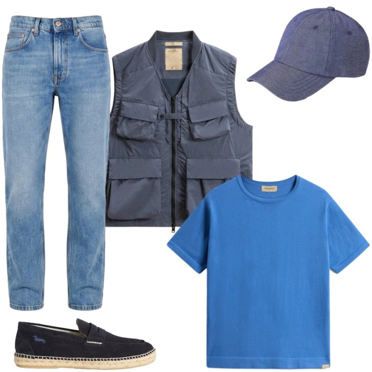 Outfit uomo - Total look #2432817. Stile Casual per Tutti i giorni. Abbinamento con espadrillas, jeans, t-shirt, cappelli con visiera, gilet.