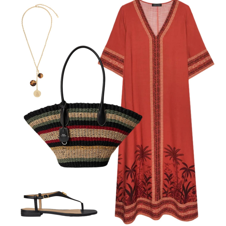 Outfit donna - Beachwear. Stile Etnico per Mare. Abbinamento con caftani, borse tote, sandali in pelle, collane.