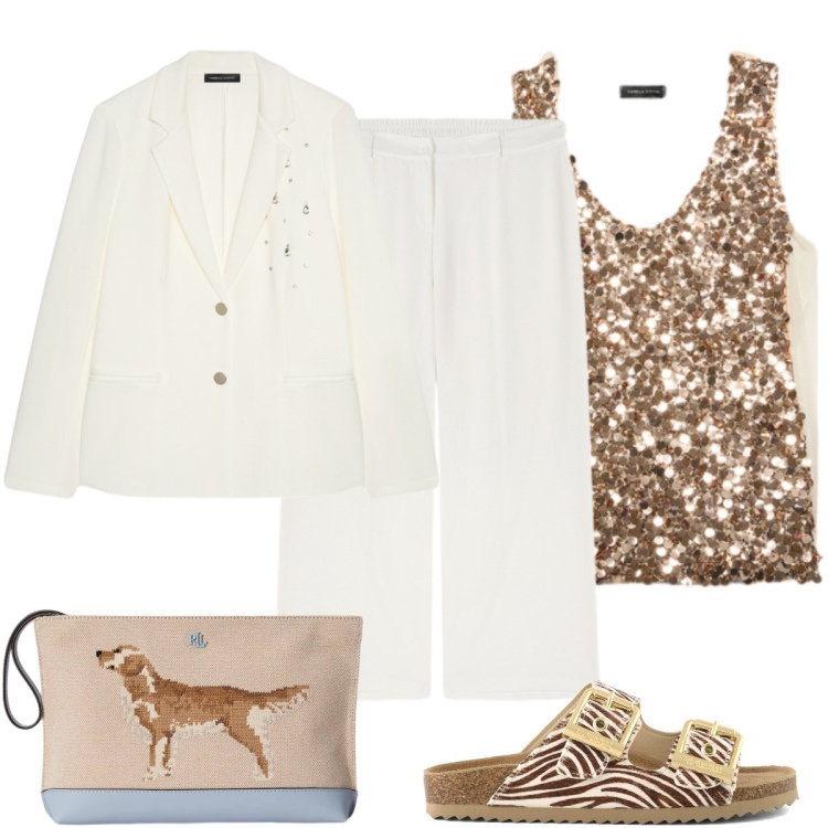 Outfit donna - Serata in bianco e oro. Stile Glamour per Serata fuori. Abbinamento con blazer, pantaloni, top, pochette, sandali in pelle.