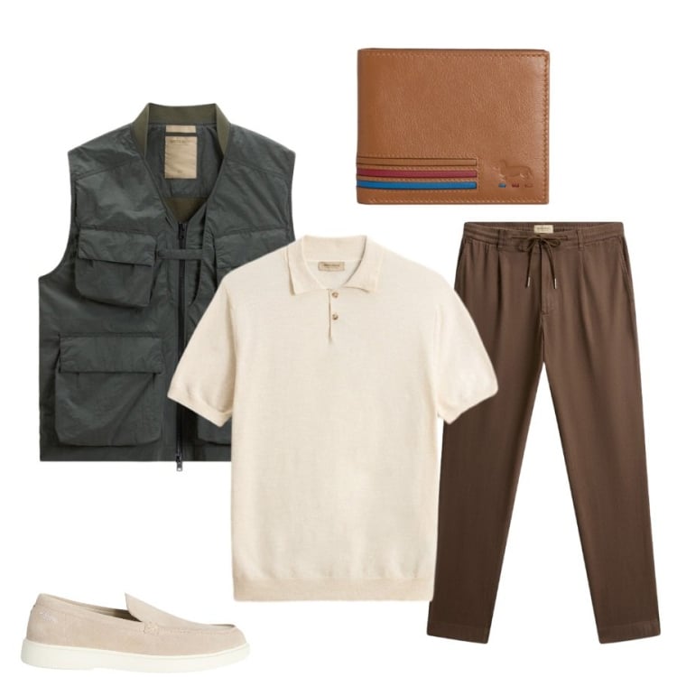 Outfit uomo - Total look #2432823. Stile Casual per Tutti i giorni. Abbinamento con scarpe stringate, portafogli, pantaloni, polo, gilet.