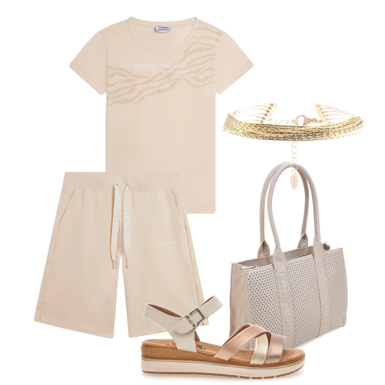Outfit donna - Dinamica soft & gold. Stile Casual per Tutti i giorni. Abbinamento con t-shirt, pantaloni corti, braccialetti, borse a spalla, sandali.