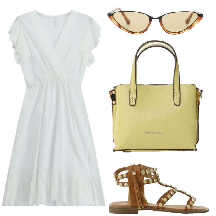 Outfit donna - Abito bianco passepartout. Stile Basic per Tutti i giorni. Abbinamento con sandali, occhiali da sole, borse a tracolla, vestiti corti.