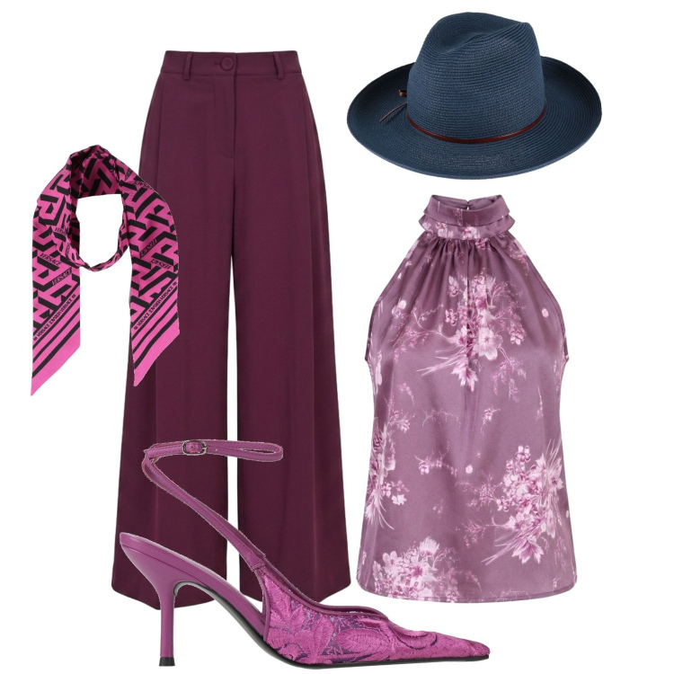 Outfit donna - Dettaglio inaspettato. Stile Chic per Serata fuori. Abbinamento con décolleté, cappelli, sciarpe, top, pantaloni a palazzo.