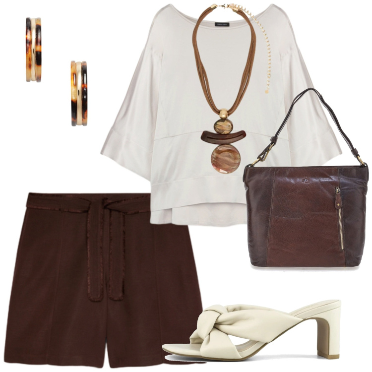 Outfit donna - Luglio. Abbinamento con shorts, ciondoli, bluse, orecchini, sandali col tacco, borse a spalla.