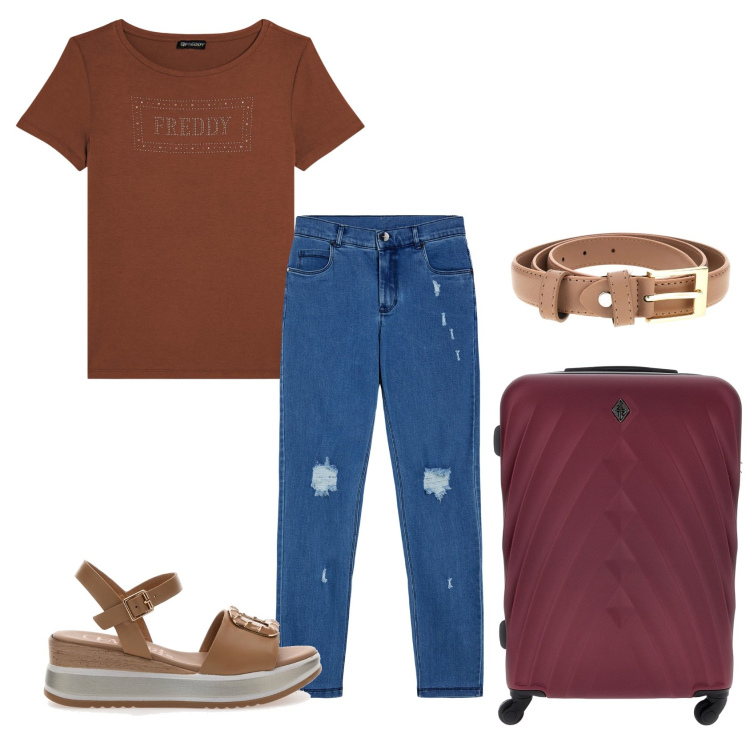 Outfit donna - Si parte. Stile Sporty chic per Tutti i giorni. Abbinamento con jeans skinny, t-shirt, sandali, valigie, cinture.