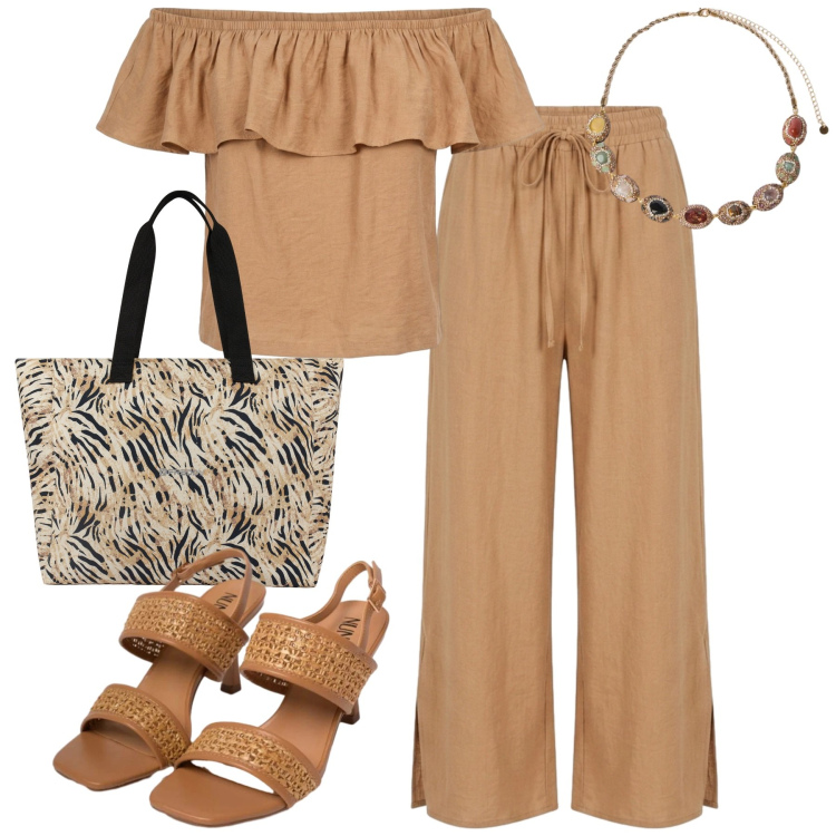 Outfit donna - Summer bags. Stile Casual chic per Tutti i giorni. Abbinamento con collane, pantaloni, top, sandali in pelle, shopping bag.