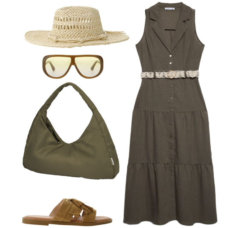 Outfit donna - Morbida. Stile Casual per Tutti i giorni. Abbinamento con vestiti chemisier, borse a spalla, sandali, occhiali da sole, cappelli.