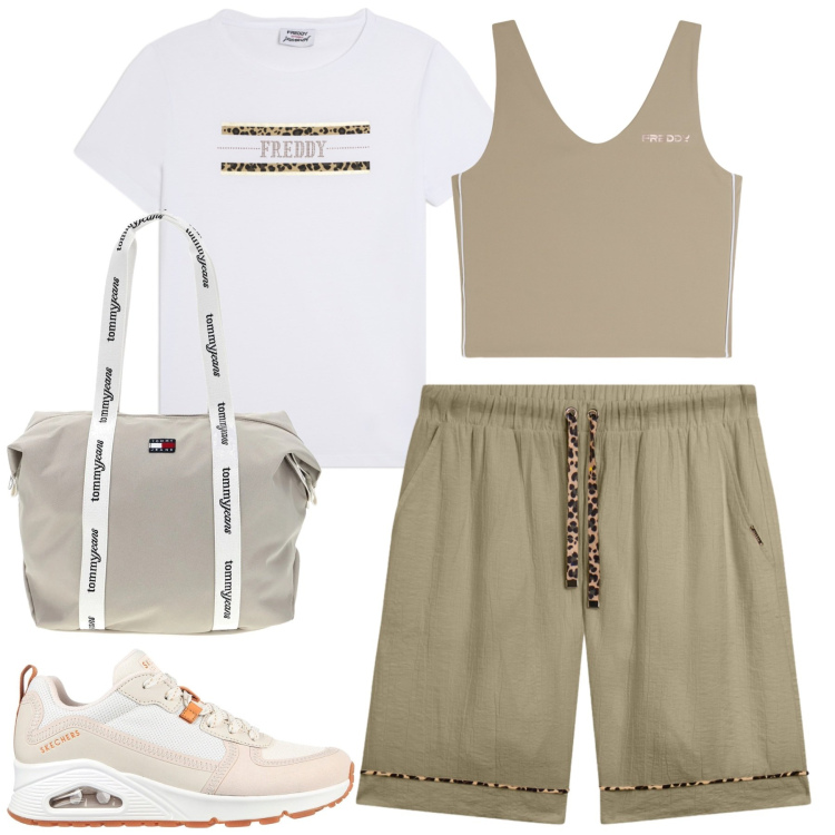 Outfit donna - Freddy. Stile Casual per Tutti i giorni. Abbinamento con pantaloni corti, t-shirt, top sportivi, shopping bag, sneakers alte.