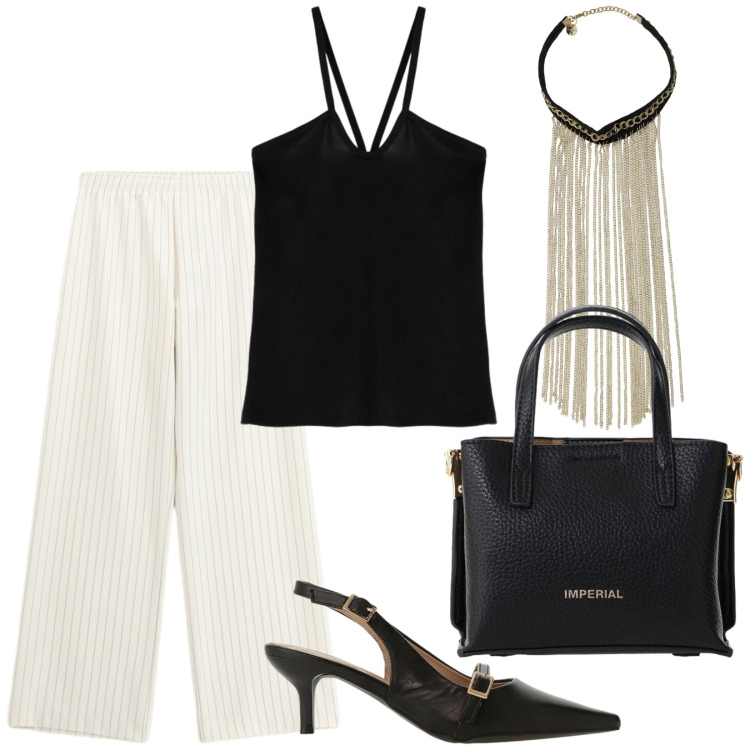 Outfit donna - Total look #2432844. Stile Rock per Serata fuori. Abbinamento con canottiere, sandali col tacco, borse a tracolla, pantaloni a palazzo, collane.