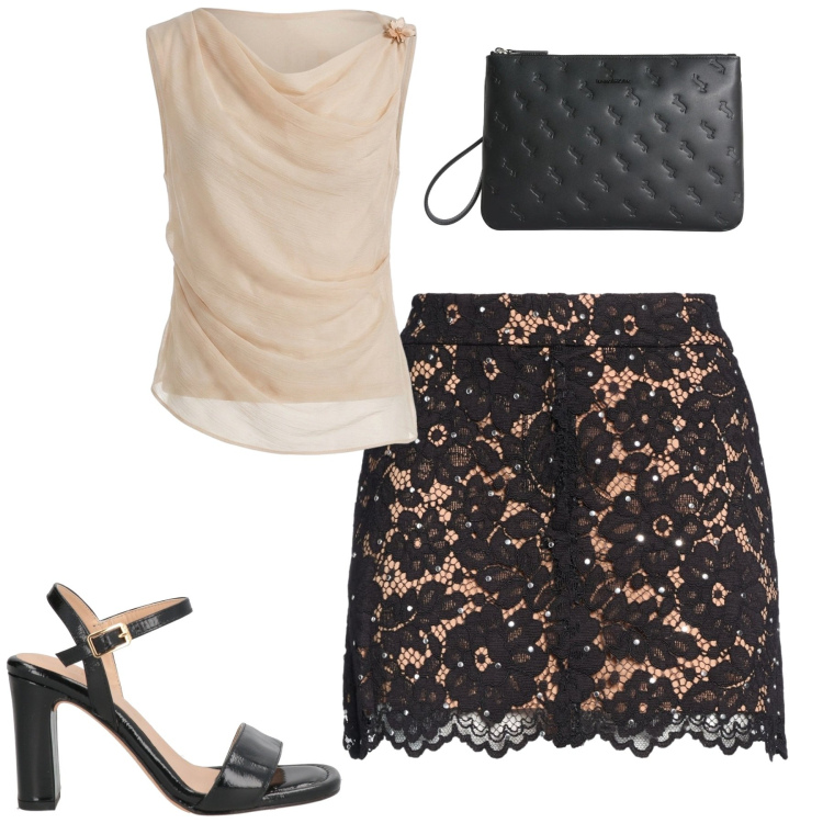 Outfit donna - Pizzo per la sera. Stile Chic per Serata fuori. Abbinamento con minigonne, sandali in pelle, anelli, top.