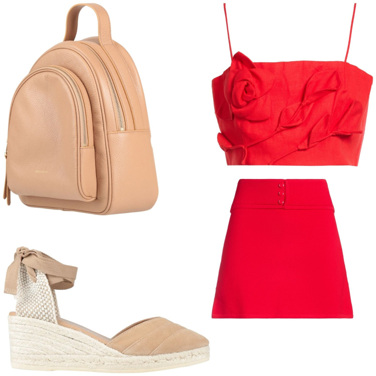 Outfit donna - Il rosso corallo. Stile Chic per Tutti i giorni. Abbinamento con top, espadrillas, minigonne, zaini.