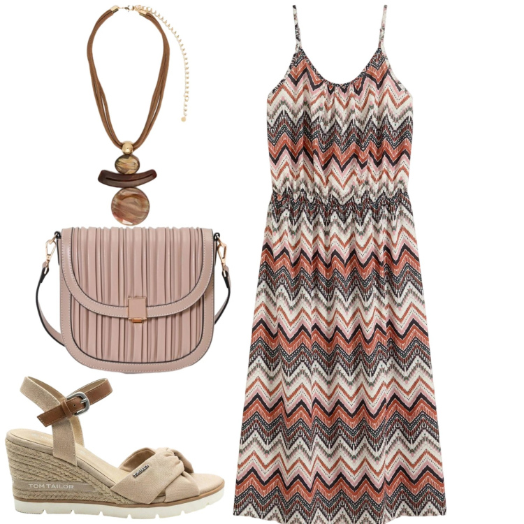 Outfit donna - Total look #2432850. Stile Casual chic per Tutti i giorni. Abbinamento con vestiti, sandali col tacco, borse a tracolla, ciondoli.