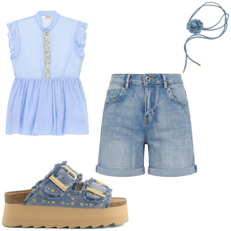Outfit donna - Pomeriggi estivi. Stile Chic per Tutti i giorni. Abbinamento con top, cinture, shorts, zeppe.