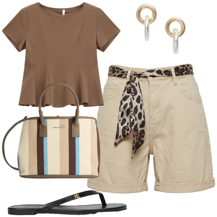 Outfit donna - Summer bags. Stile Casual chic per Tutti i giorni. Abbinamento con top, shopping bag, shorts, ciabatte, orecchini.