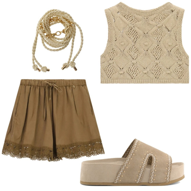 Outfit donna - Mangiate da me stasera. Stile Chic per Tutti i giorni. Abbinamento con shorts, top, cinture, zeppe.