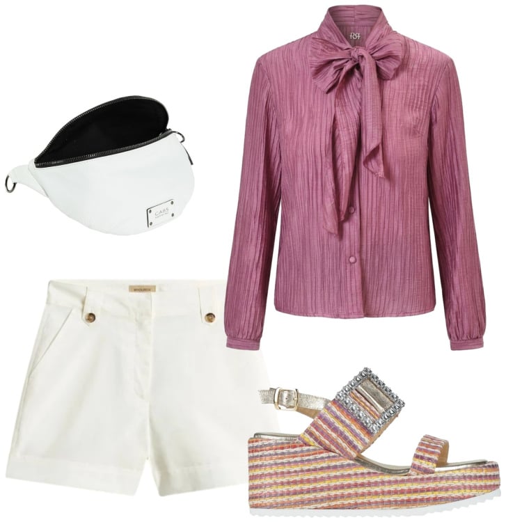 Outfit donna - Total look #2432862. Stile Glamour per Serata fuori. Abbinamento con marsupi, sandali in pelle, camicie, pantaloni corti.