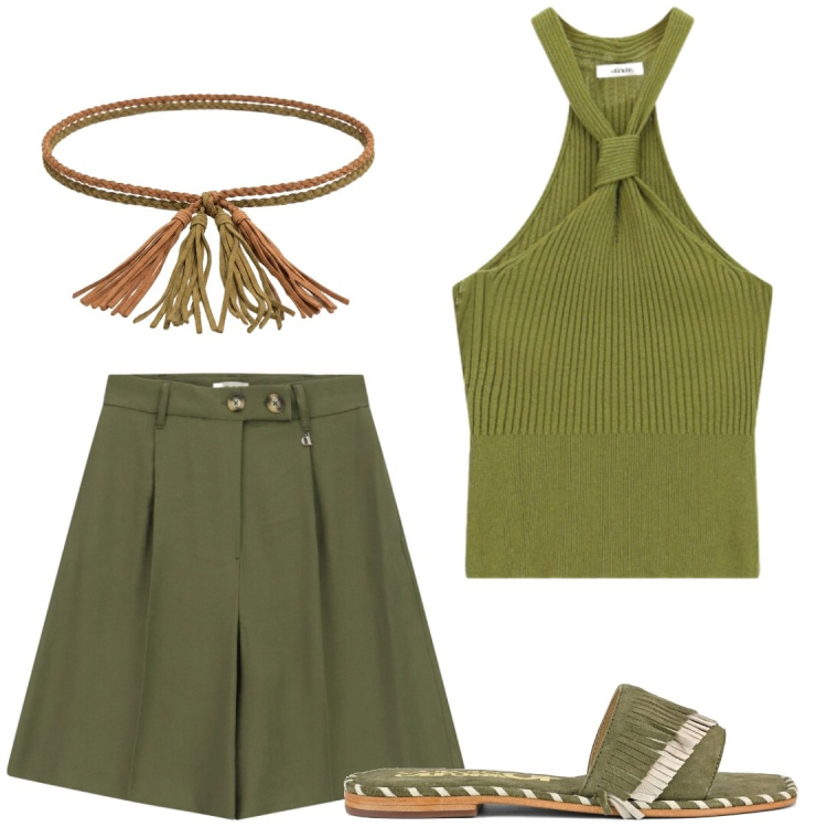 Outfit donna - Stile verde. Stile Chic per Serata fuori. Abbinamento con bermuda, top, cinture, ciabatte.
