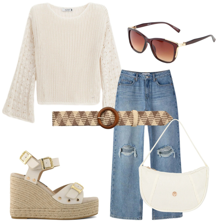 Outfit donna - Total look #2432867. Stile Casual per Ufficio. Abbinamento con occhiali da sole, cinture, jeans strappati, maglieria, borse a mano, zeppe.