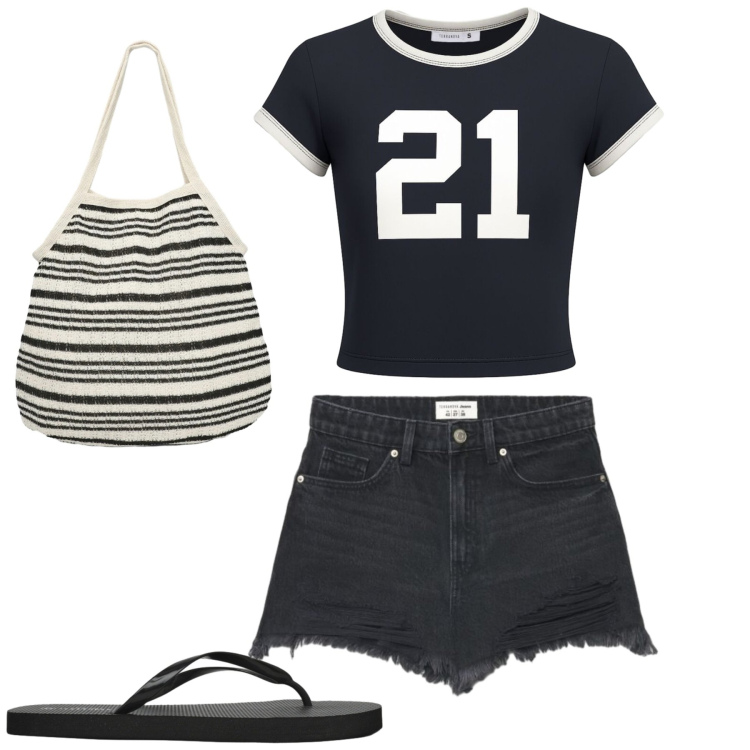 Outfit donna - Terranova essential. Stile Casual per Tutti i giorni. Abbinamento con shopping bag, shorts, t-shirt, infradito.