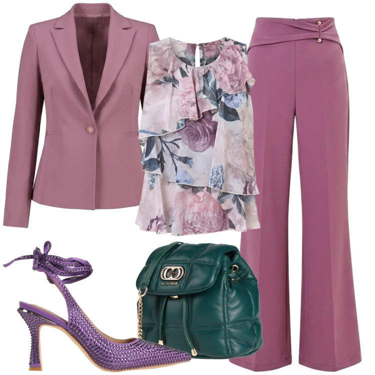 Outfit donna - Chic. Stile Chic per Serata fuori. Abbinamento con décolleté, valigie, pantaloni a palazzo, top, blazer.