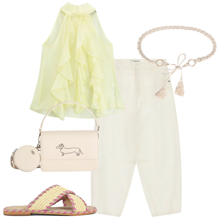 Outfit donna - Please. Stile Casual chic per Tutti i giorni. Abbinamento con top, pantaloni, borse a tracolla, cinture, ciabatte.