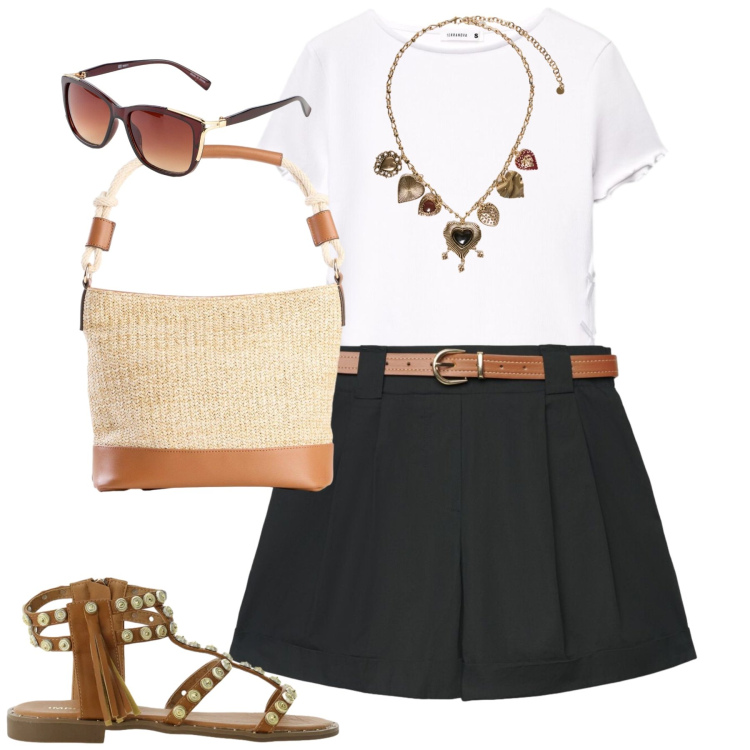 Outfit donna - Luglio. Stile Casual chic per Tutti i giorni. Abbinamento con occhiali da sole, borse a mano, shorts, t-shirt, collane, sandali.