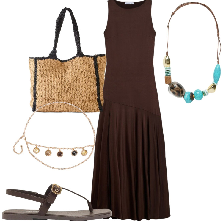 Outfit donna - Luglio. Stile Casual chic per Tutti i giorni. Abbinamento con sandali, shopping bag, vestiti lunghi, cinture, collane.
