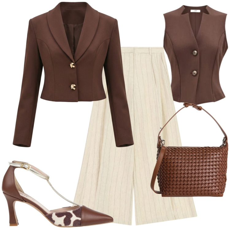 Outfit donna - Chic. Stile Chic per Serata fuori. Abbinamento con décolleté, borse a spalla, reggiseni, gilet, blazer, pantaloni a palazzo.