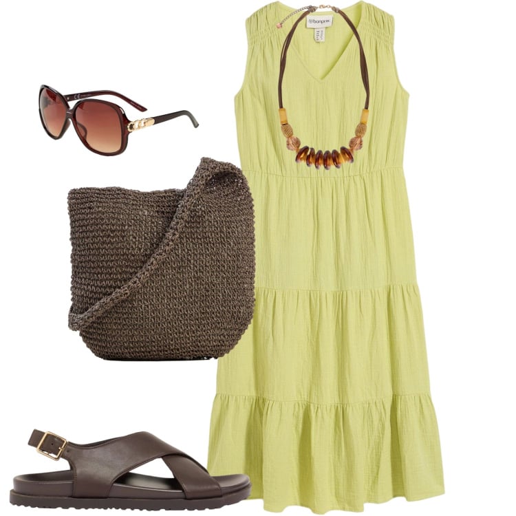 Outfit donna - Luglio. Stile Casual chic per Mare. Abbinamento con vestiti, shopping bag, sandali in pelle, occhiali da sole, collane.