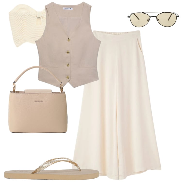 Outfit donna - Summer. Stile Casual chic per Tutti i giorni. Abbinamento con pantaloni, gilet, infradito, top, borse a secchiello, occhiali da sole.