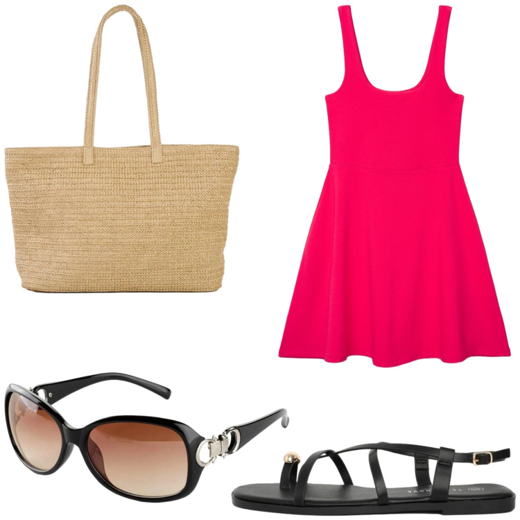 Outfit donna - Energica in fucsia. Stile Casual per Tutti i giorni. Abbinamento con shopping bag, occhiali da sole, vestiti corti, sandali.